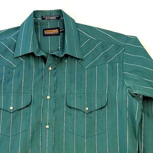 Panhandle Slim Mens Western Dress Shirt 16.5/35 Green Stripe Pearl Snap